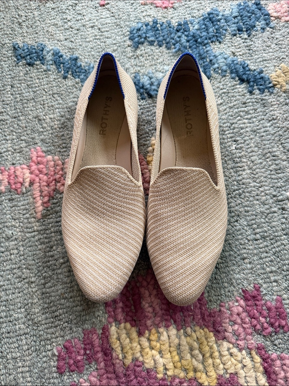 Rothy's Beige Knit Slip-On Loafers with Navy Trim